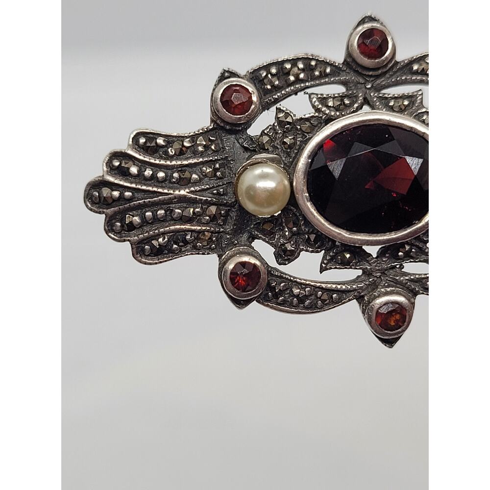 Vintage Sterling Silver Marcasite Pearl Brooch Coquette Art Deco Pin - Picture 11 of 15
